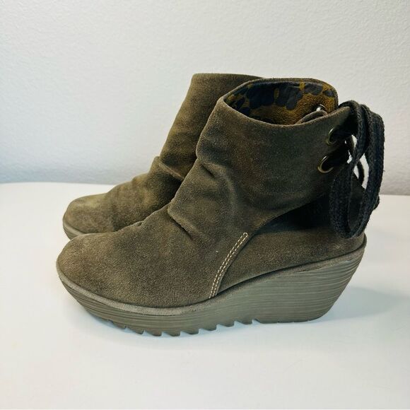 Fly London Brown Green Suede Tie Back Booties Size 39 (8.5) - Picture 1 of 6